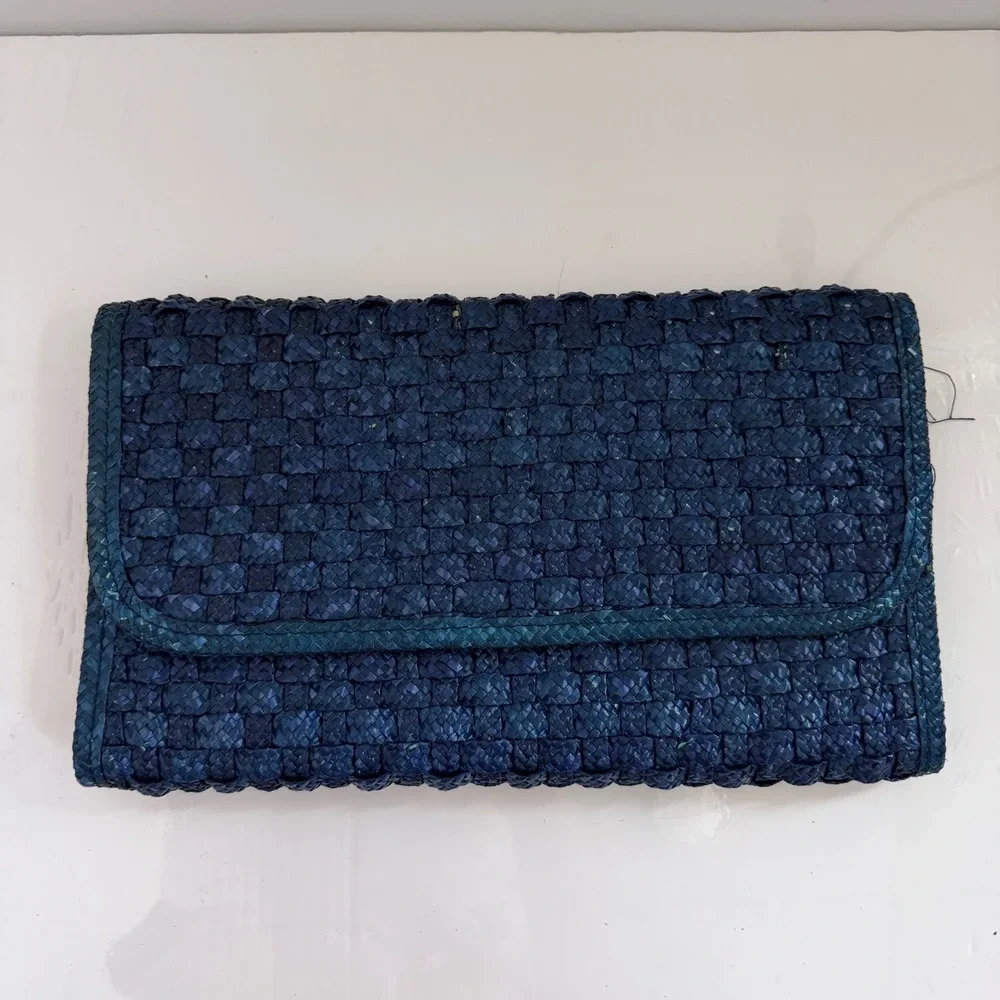 Vintage Woven‎ Blue Straw Clutch